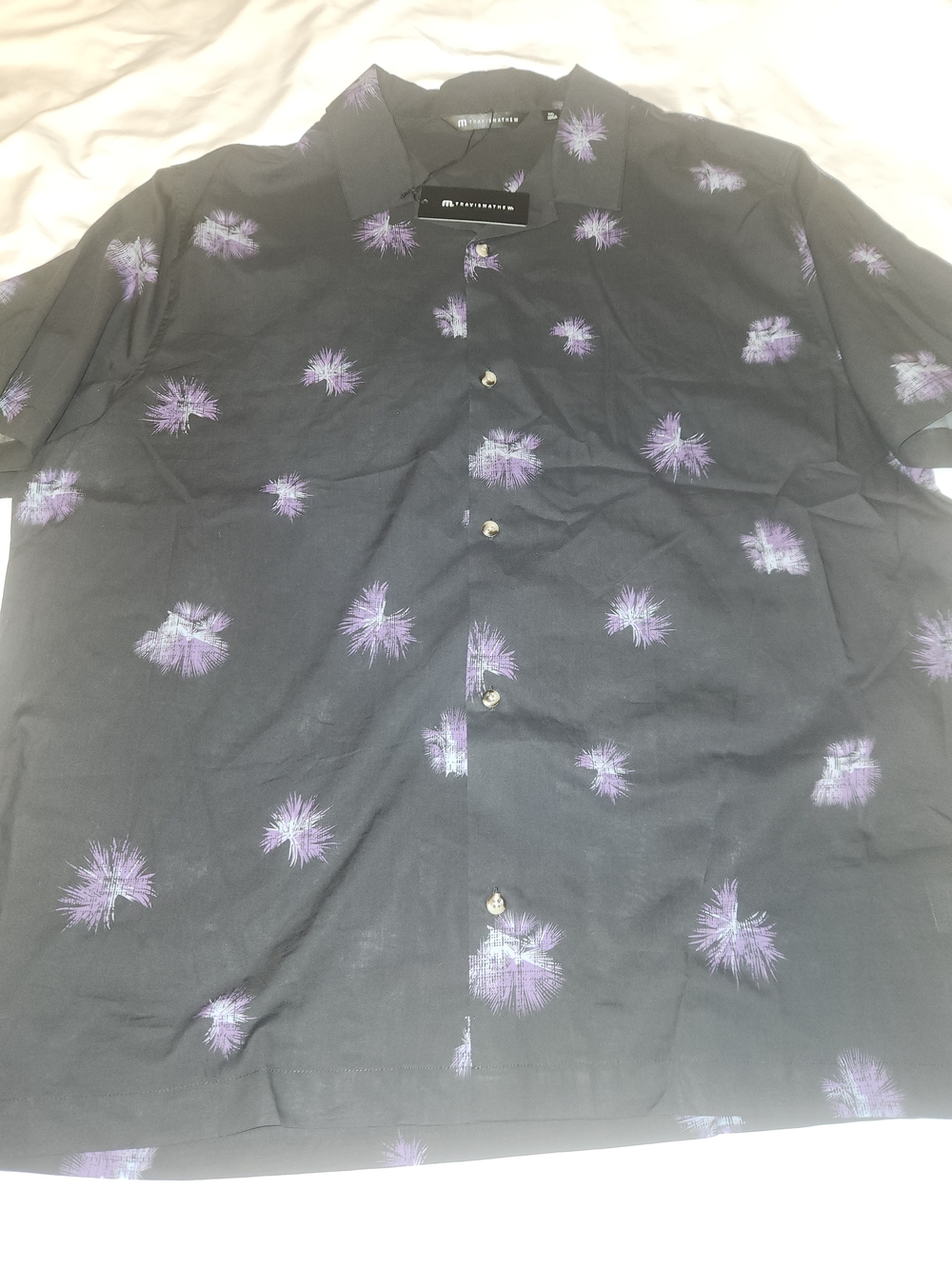 Travis Mathew Black Short-Sleeve Button-Down Shirt with Purple Burst Print NWT